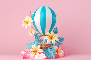 Hot air balloon with flowers on the pink background, 3d rendering illustration