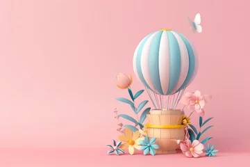 Crédence de cuisine en verre imprimé Montgolfière Hot air balloon with flowers on the pink background, 3d rendering illustration