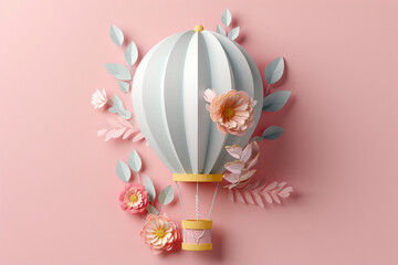 Hot air balloon with flowers on the pink background, 3d rendering illustration