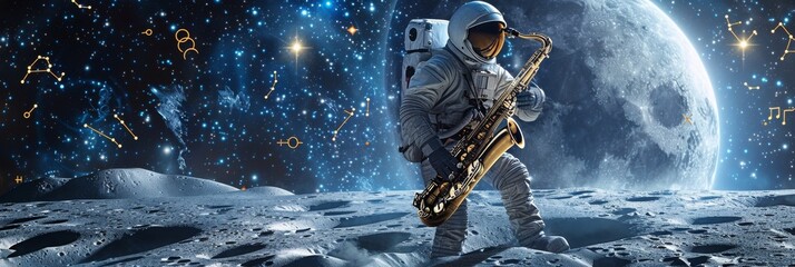 An astronaut playing a saxophone on the moon with Earth in the background under a starry sky reflecting zodiac signs - obrazy, fototapety, plakaty