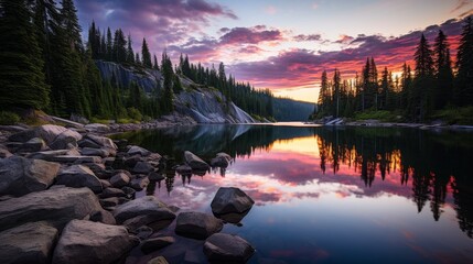Tranquil mountain scenery  sunset sky reflecting in calm lake, creating a stunning landscape