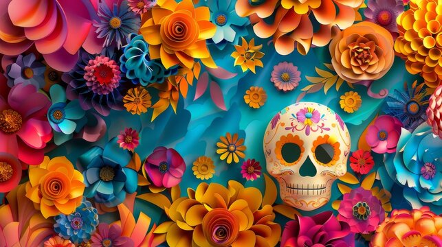Abstract 3D art piece capturing the vibrant energy of a Day of the Dead procession using flower motifs sugar skull mask