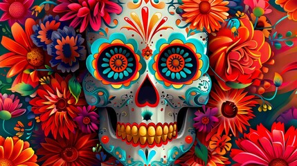 Design a visually striking digital art piece inspired by the vibrant colors and symbolism of Day of the Dead