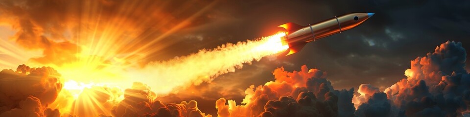 Elegant golden rocket in mid-launch with vibrant flame and smoke details - obrazy, fototapety, plakaty