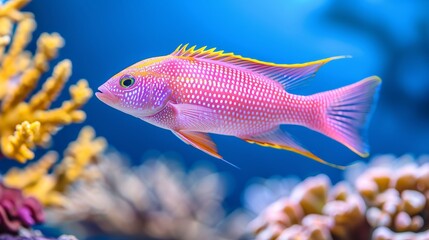 Vibrant anthias fish swimming amidst colorful corals in a saltwater aquarium environment