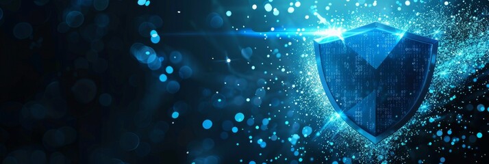 Majestic shield pulsating with blue particles and light rising from a field of encrypted data encapsulating the essence of advanced cyber protection - obrazy, fototapety, plakaty