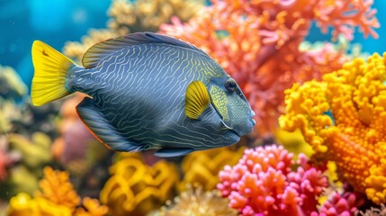 Vibrant blue jaw triggerfish swimming among colorful corals in a saltwater aquarium environment