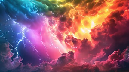 Rainbow lightning storms vibrant bolts cutting through the sky a rare fusion of stormy weather and colorful light - obrazy, fototapety, plakaty