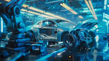 Robotic arms assembling cars at a futuristic auto plant blue tones