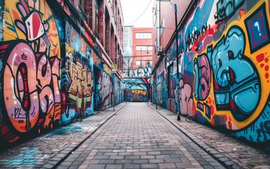 Vibrant graffiti art alley with colorful murals covering the walls showcasing urban street art and creative expression