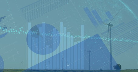 Image of infographic interface over low angle view of windmills against clear sky