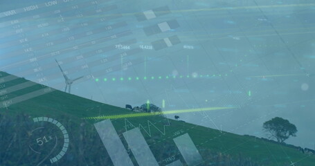 Image of infographic interface over windmills on green hill against clear sky