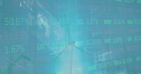 Image of stock trading board, graphs, globe, low angle view of rotating windmill against sky