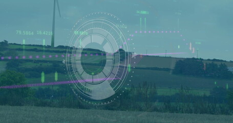 Image of radar, graph and loading bar over windmill on landscape against clear sky - Powered by Adobe