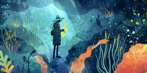 Zen wizard hiking in a noir coral reef with saxophone echoes