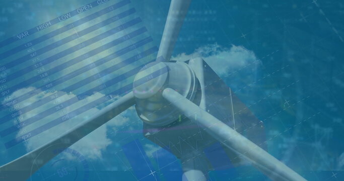 Image of infographic interface against windmill spinning against cloudy sky