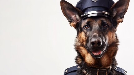 Adorable police dog in uniform ready to serve isolated backdrop with space for messages