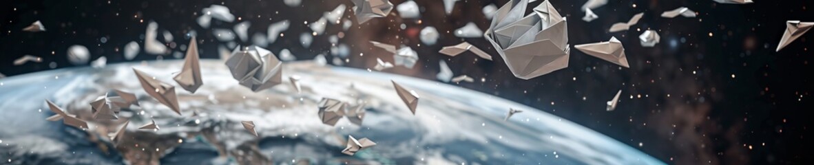 Folded paper waste orbiting around an origami from the Earth showcasing pollution in space