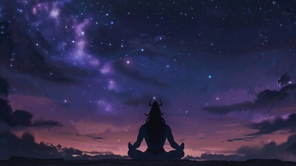Silhouette of Lord Shiva meditating, the cosmos aligning in harmony around his serene form.