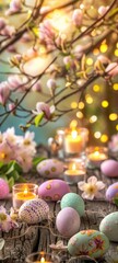 Obraz premium Easter duck parade with egg dyeing magnolias and fondant eggs children flying kites candles lighting the pathways