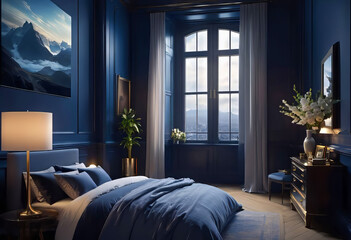 Cozy dark blue bedroom interior with bedside table and table lamp with photo or painting frame mockup, modern bedroom design, 3d rendering,
