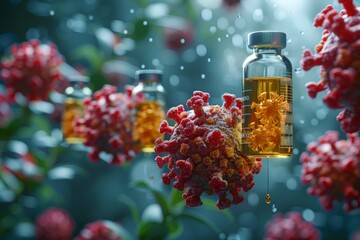 A superimposed conceptual image depicting a vivid virus model with floating vaccine vials amid flora - obrazy, fototapety, plakaty
