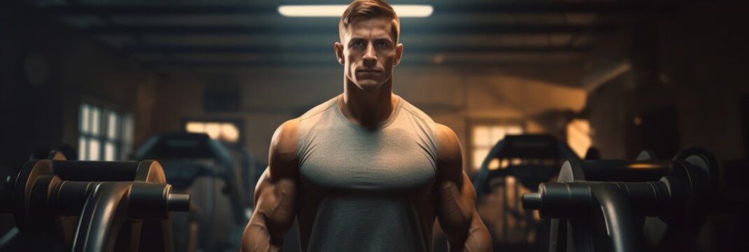 Muscular man standing confidently in a gym with weightlifting equipment in the background.