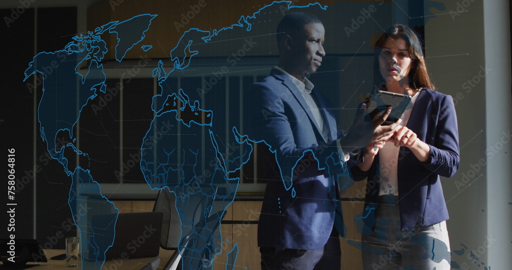 Poster image of world map and data processing over business people using tablet