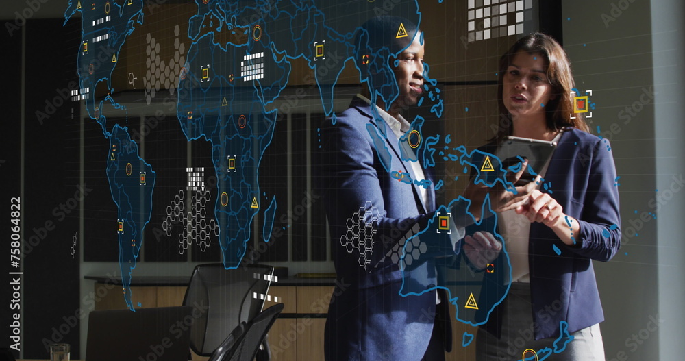 Poster image of world map and data processing over business people using tablet