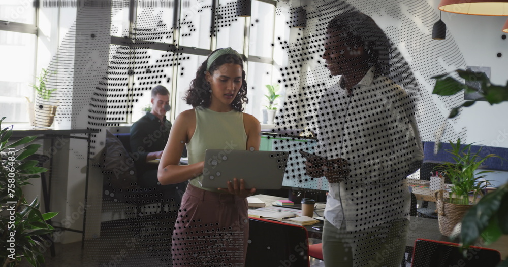 Poster image of world map and data processing over business people using laptop