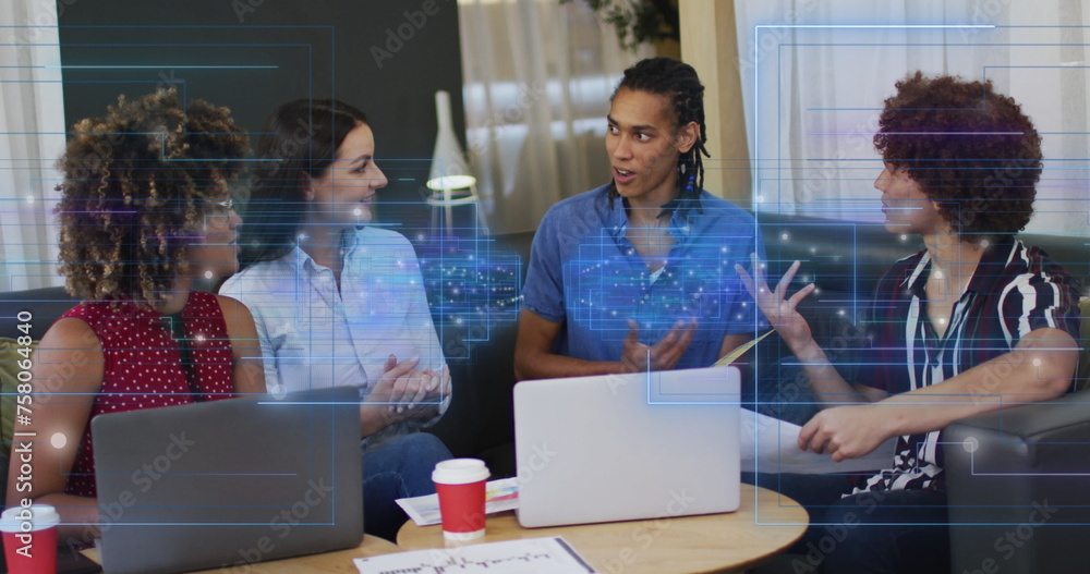 Poster image of data processing over business people using laptops