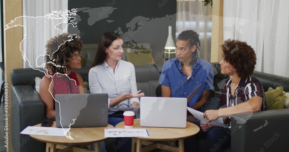 Poster image of world map and data processing over business people using laptops