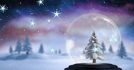 Image of snow falling over snow globe with christmas tree and winter landscape
