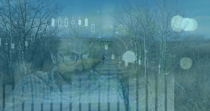 Image of data processing over caucasian businessman and cyclist