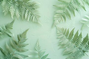 Lush Green Fern Leaves on Light Green Background with Copy Space for Text, Top View Botanical Background Concept