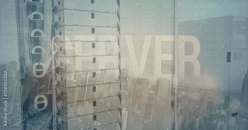Poster image of server text banner over close up of a computer server against aerial view of cityscape