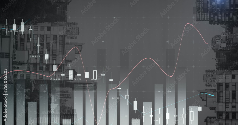 Poster image of statistical data processing against view of inverted tall buildings