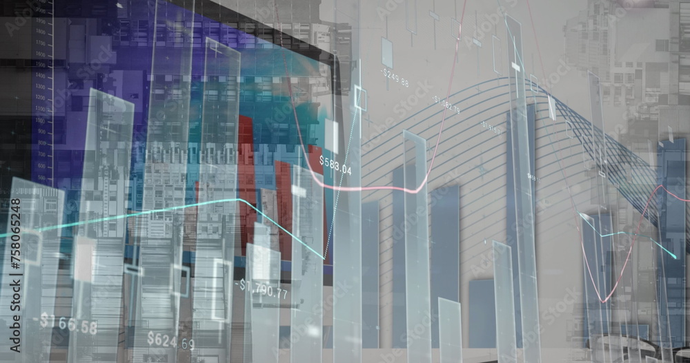 Aufkleber image of statistical data processing over computer against inverted tall buildings