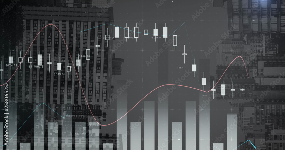 Poster image of statistical data processing against view of inverted tall buildings