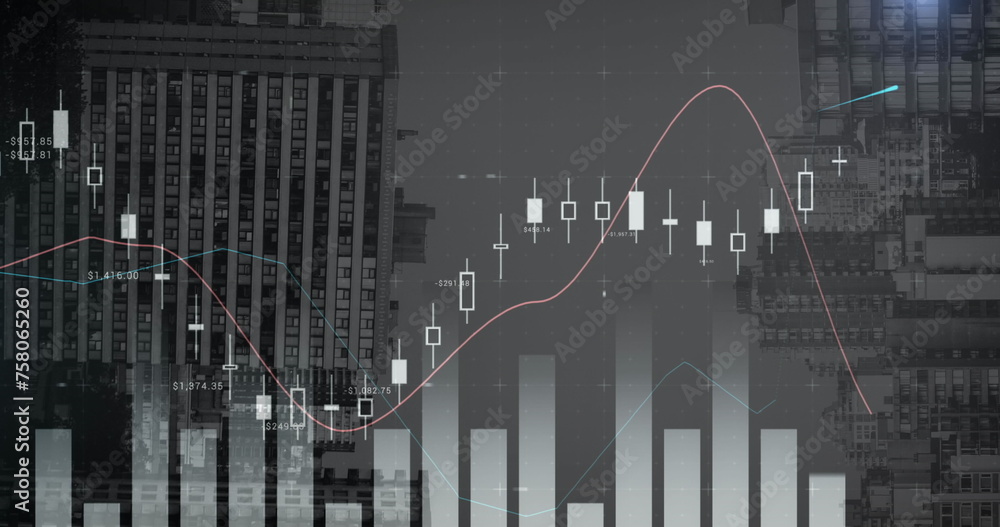 Poster image of statistical data processing against view of inverted tall buildings