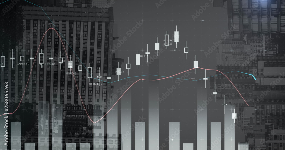 Poster image of statistical data processing against view of inverted tall buildings
