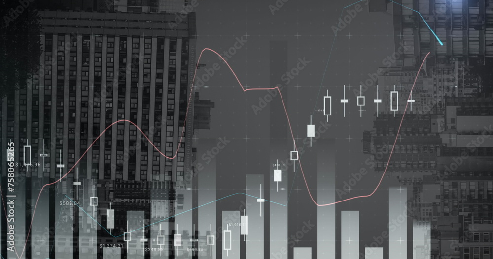 Poster image of statistical data processing against view of inverted tall buildings