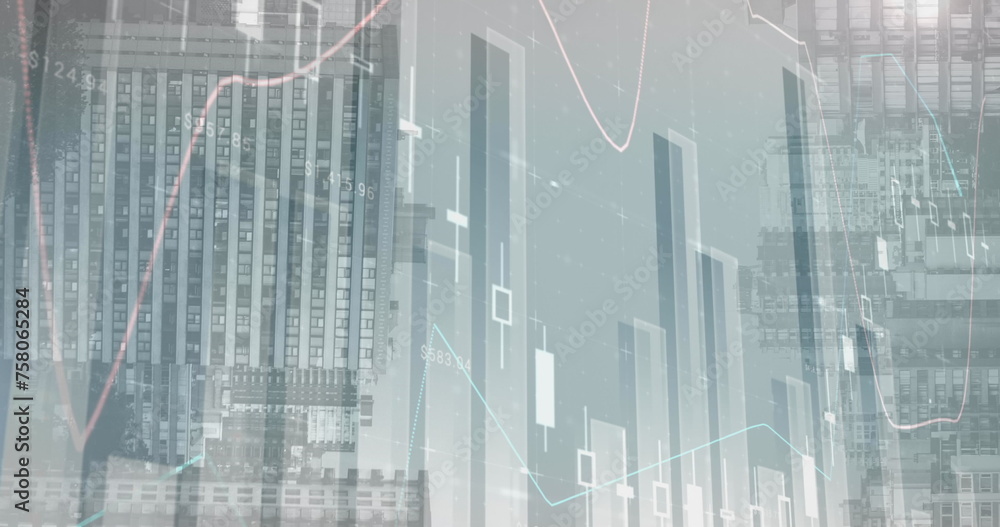 Poster image of statistical data processing against view of inverted tall buildings