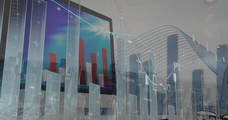 Image of statistical data processing over computer against aerial view of cityscape