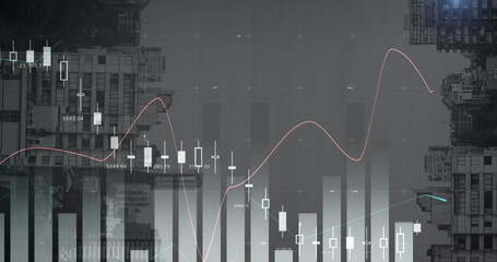 Image of statistical data processing against view of inverted tall buildings