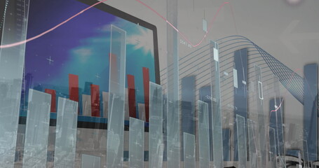 Image of statistical data processing over computer against aerial view of cityscape