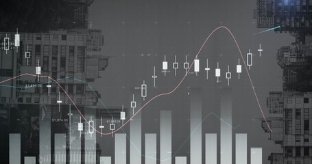 Image of statistical data processing against view of inverted tall buildings