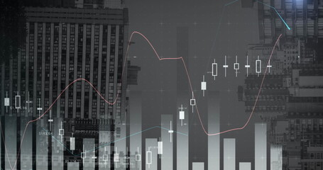 Image of statistical data processing against view of inverted tall buildings
