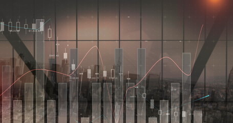 Image of statistical data processing over view of cityscape from office