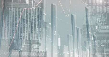 Image of statistical data processing against view of inverted tall buildings